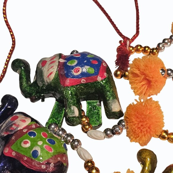 Elephant Wall Door Hanging 7 Trunk Up Paper Mache Elephants Beads PomPoms Bell - Picture 12 of 16